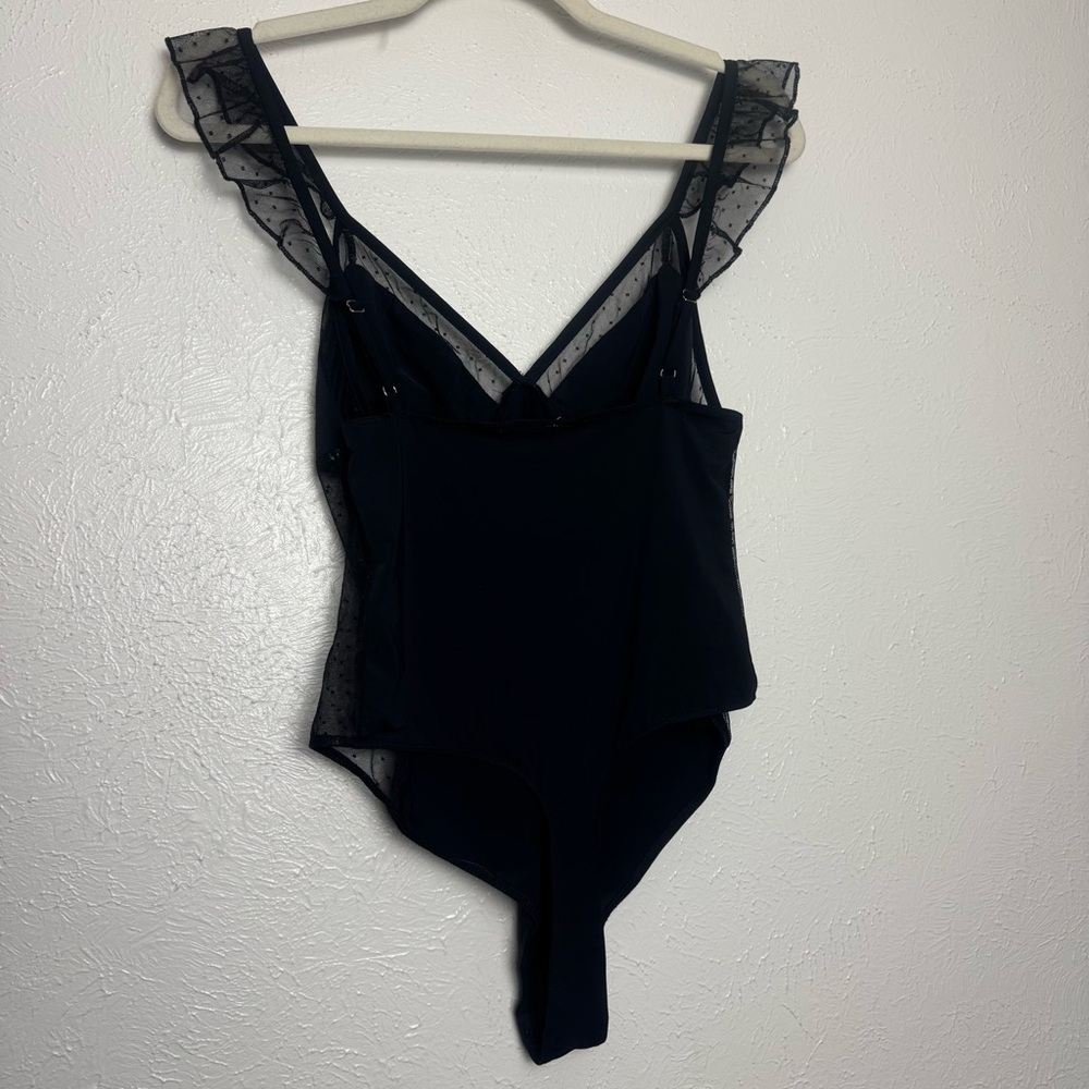 Le Lis Black‎ Sheer Trim Swiss Dot Flutter Strap Bodysuit
